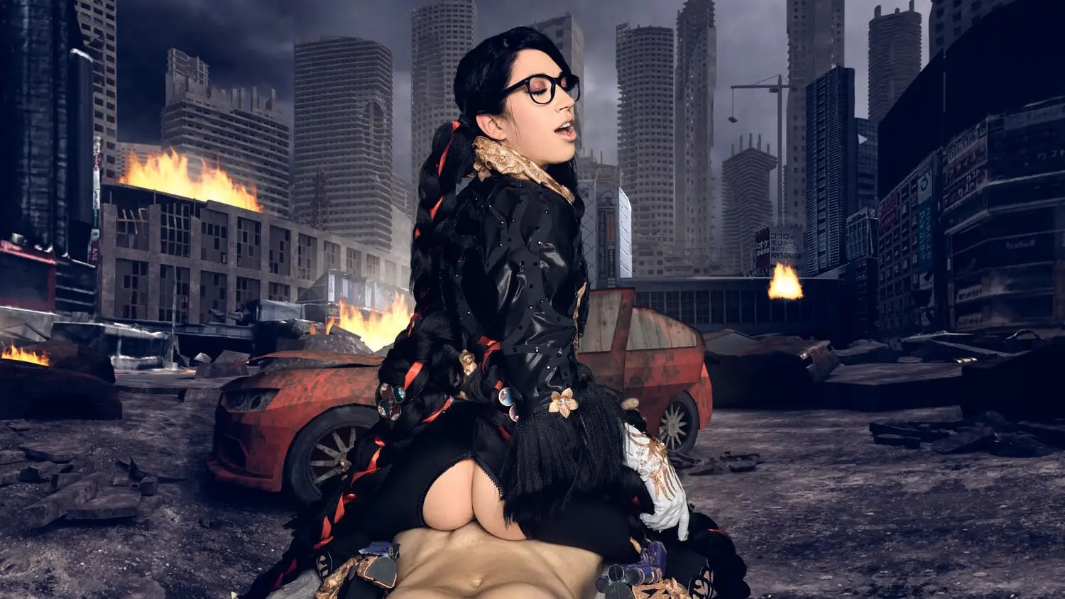 Free 8K VR adult video X-rated Bayonetta Cosplay: Sexy Witch in Tight Dress and High Heels